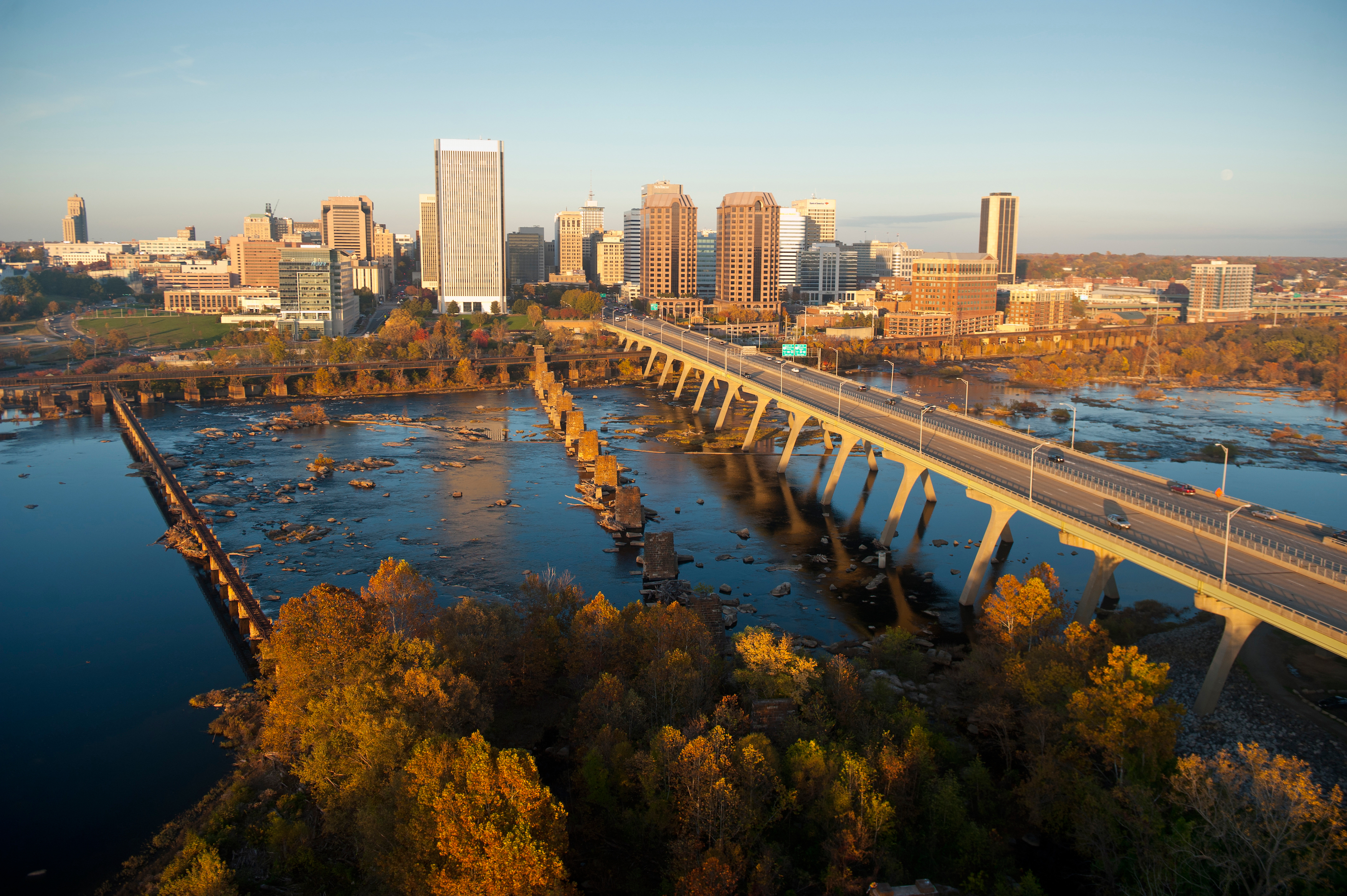 Aerial view of the James River facing Richmond Downtown