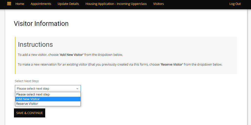 Housing portal visitor dropdown menu