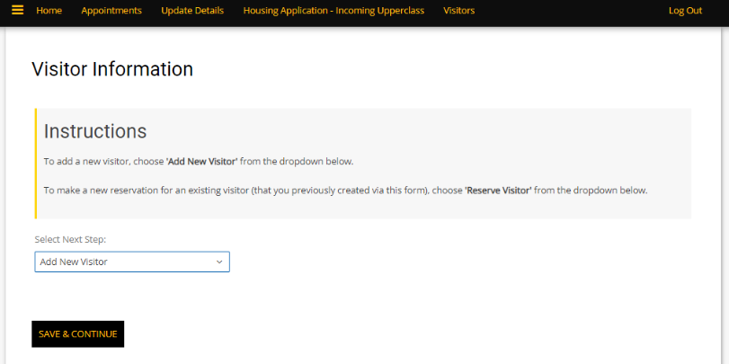 Housing portal visitor dropdown menu with 