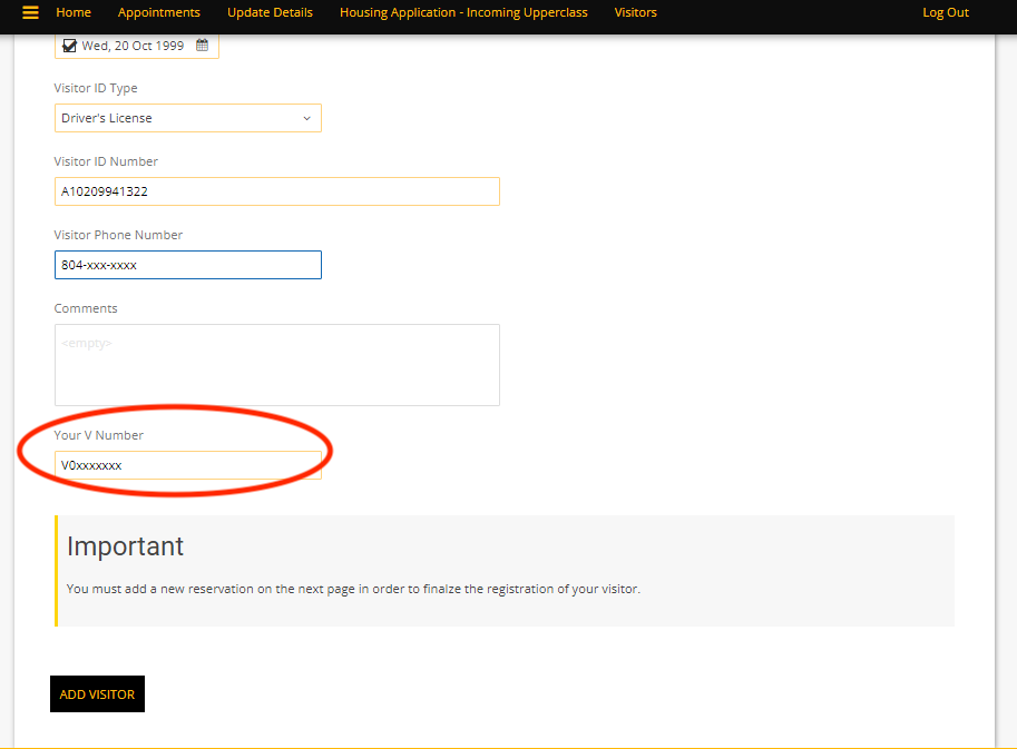 Housing portal visitor page with v-number field circled