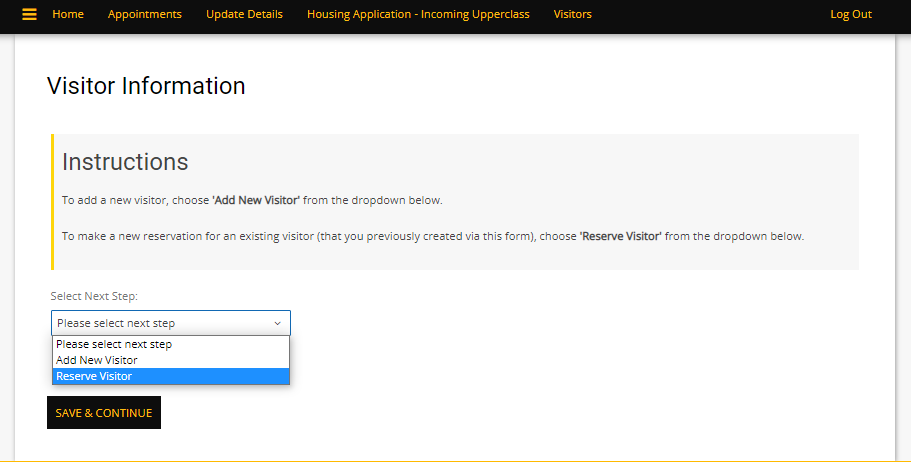 Housing portal visitor dropdown menu