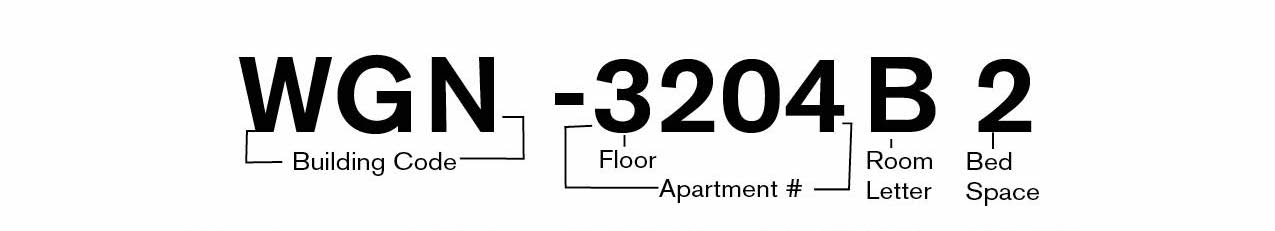 How to read your West Grace North housing assignment. W G N - 3204B 2. This assignment reads: West Grace North, 3rd Floor, Suite #3204, Room B, Bed #2.Please note that bed spaces within a room are interchangeable. You and your roommate can decide who gets which bed.