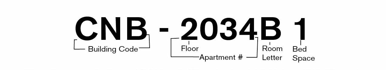 How to read your Cary & Belvidere housing assignment: C N B - 2034B 1. This assignment reads: Cary and Belvidere, 2nd Floor, Apartment #2034, Room B, Bed Space 1.Please note that bed spaces within a room are interchangeable. You and your roommate can decide who gets which bed.