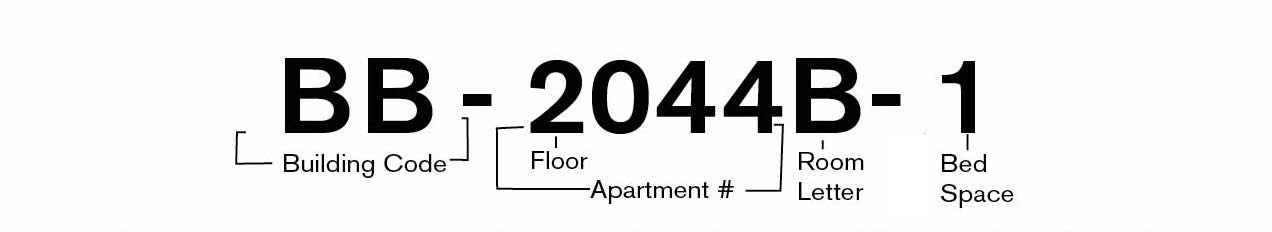 How to read your Broad & Belvidere housing assignment. B B - 2044B- 1. This assignment reads: Broad and Belvidere, 2nd Floor, Apartment #2044, Room B, Bed Space 1. Please note that bed spaces within a room are interchangeable. You and your roommate can decide who gets which bed. B B - 2044B- 1. This assignment reads: Broad and Belvidere, 2nd Floor, Apartment #2044, Room B, Bed Space 1. Please note